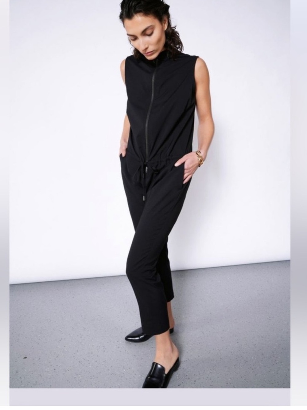Wildfang Black Sleeveless Zip-Front Jumpsuit with Drawstring Waist